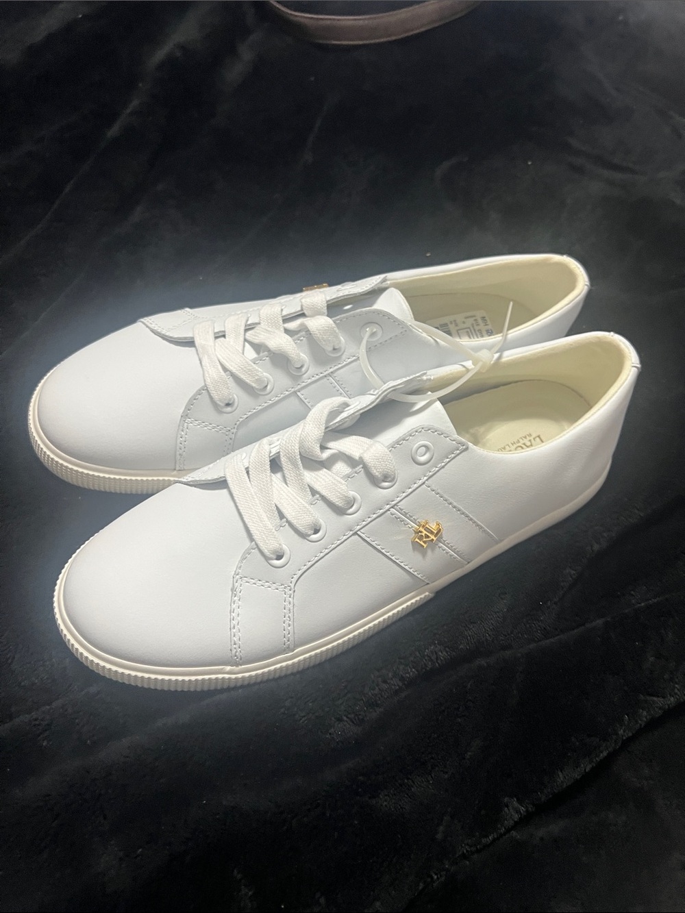 Ralph Lauren White Leather Lace-Up Sneakers with Gold Logo